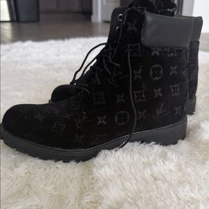 Timberland Black Velvet Monogram Lace-Up Boots